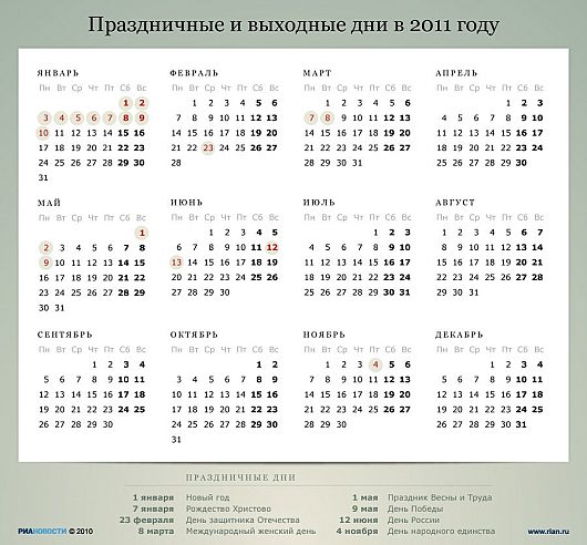 Календарь выходных и праздничных дней в 2011 году | Разное