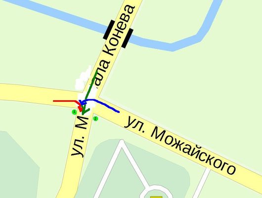Пешеходный переход на перекрестке Можайского-Конева | Для зелененьких машин в это время какой цвет 