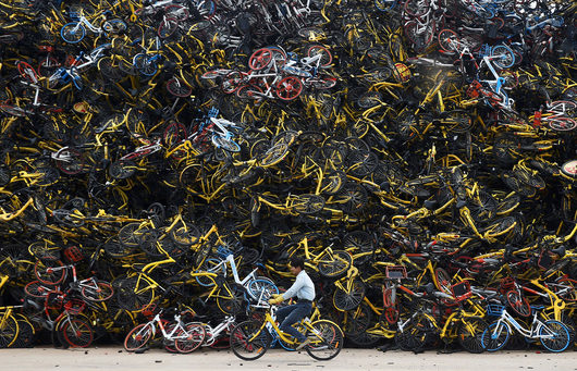 Велопрокат. Опыт других городов | 4 Китаец едет на арендованном велосипеде мимо свалки велосипедов, которые эвакуированы городскими властями из города
